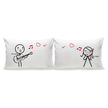 His and hers pillowcases featuring romantic illustrations for a cozy and playful touch in romantic bedroom decor