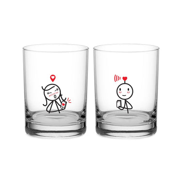 Check-In My Heart Decorative Glassware Set featuring cute couple illustrations, ideal romantic drinkware gifts