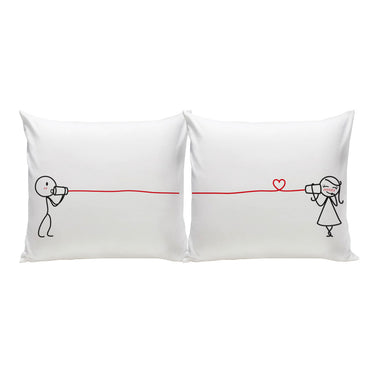 Say I Love You pillow set featuring playful illustrations of a couple communicating with love on pillowcases