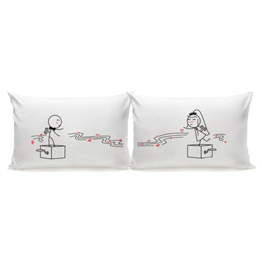 His and hers pillowcases featuring playful Dancing Hearts design, unique anniversary gifts for couples.