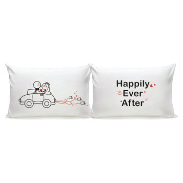 His and hers pillowcases featuring a cute couple in a car and the text Happily Ever After, ideal wedding engagement gift ideas