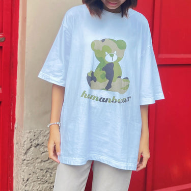 Human Touch Camouflage Teddy Bear T-Shirt in Light Blue with Casual Oversized Fit