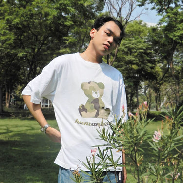 Men's Human Touch camouflage teddy bear t-shirt in white with oversized fit, perfect for street fashion