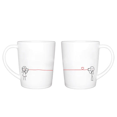 Romantic couple mugs for long distance relationships featuring playful designs with a love connection