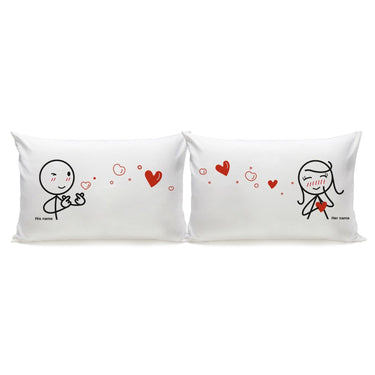 His and hers long pillowcases with cute romantic designs, a perfect cute anniversary gift for boyfriend or girlfriend.
