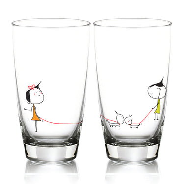 Cute anniversary glasses set featuring whimsical illustrations of children walking dogs, perfect for romantic celebrations