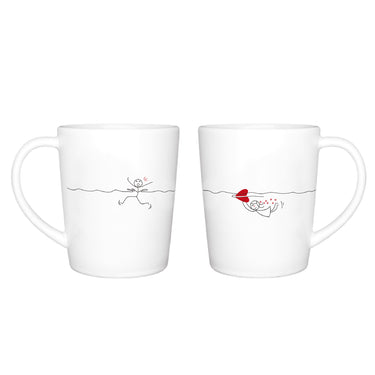 Cute matching mugs for partners featuring playful illustrations of a couple in love, perfect for romantic coffee moments.