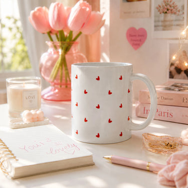 White ceramic coffee mug with red hearts polka dot cute and romantic gift for cozy mornings
