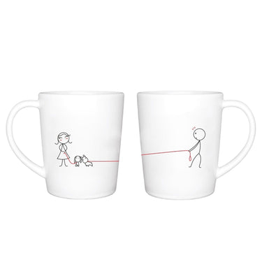 Cute puppy love mugs featuring playful designs of a couple walking their dog, perfect for sharing coffee together.