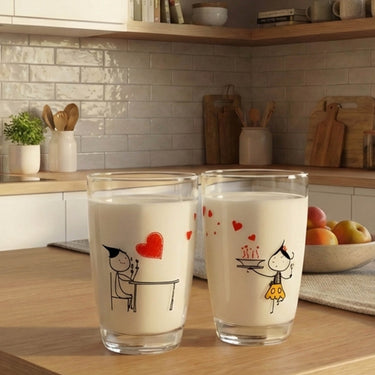 Charming romantic couple glass set featuring heart designs, perfect for intimate dinners and special moments