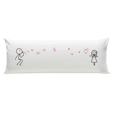 Long pillow for bed featuring love-themed bedroom decor with playful couple illustrations