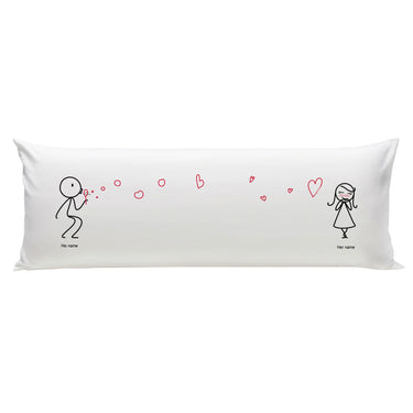 Long pillow for bed with love-themed bedroom decor featuring playful couple illustrations