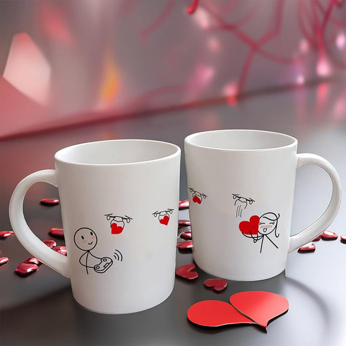 Love-themed mugs for partners boy meets girl cute design featuring playful illustrations and hearts