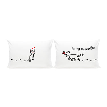 Two pillowcases with cat illustrations and text on a white background