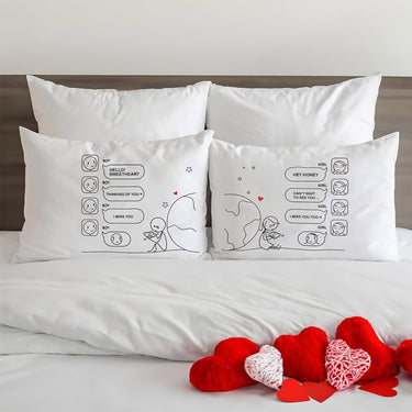 White couple pillowcases with cute chat bubbles, hearts, and line-drawn characters