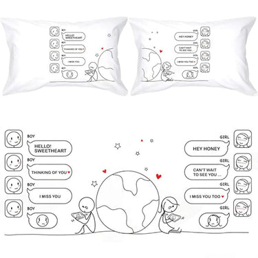 Pair of white pillowcases, flat view, featuring chat-bubble and heart graphic design