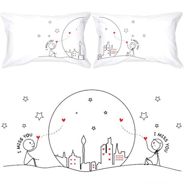 White couple pillowcase set with moon-and-city couple illustration and hearts