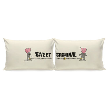 His and hers pillowcases in hipster style featuring 'Sweet Criminal' design, made from organic cotton, romantic gift for couples.