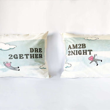 His and hers pillowcases featuring love-themed designs in organic cotton love-inspired home decor