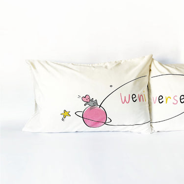 His and hers pillowcases in organic cotton love themed home decor with cute illustrations