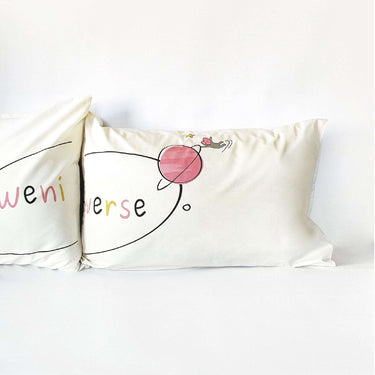 His and hers pillowcases with love themed design in organic cotton love themed home décor