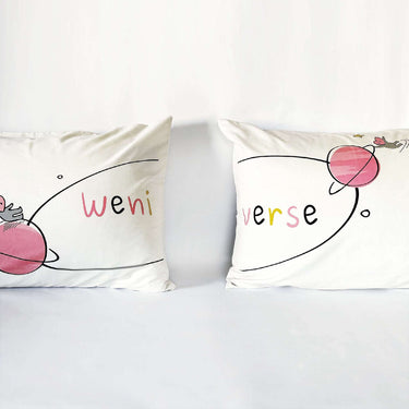 His and hers pillowcases in organic cotton love themed home decor with playful designs