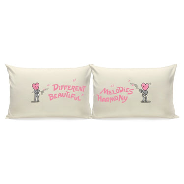 Organic cotton romantic couple pillow set featuring cute illustrations and sweet phrases for couples