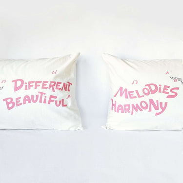 His and hers pillowcases in organic cotton romantic couple pillow set featuring playful text designs