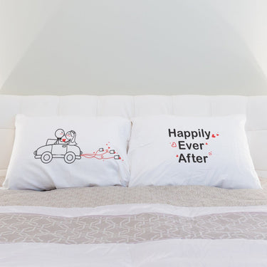 His and hers pillowcases featuring romantic designs, perfect as a personalized anniversary gift
