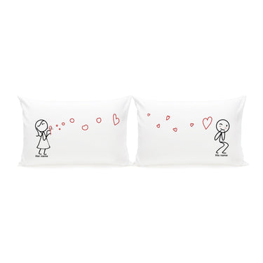 His and hers pillowcases with cute couple designs, perfect personalized anniversary keepsakes.