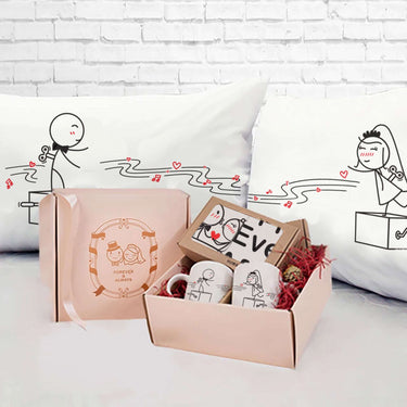 His and hers pillowcases featuring cute couple designs with hearts, paired with a personalized anniversary music box