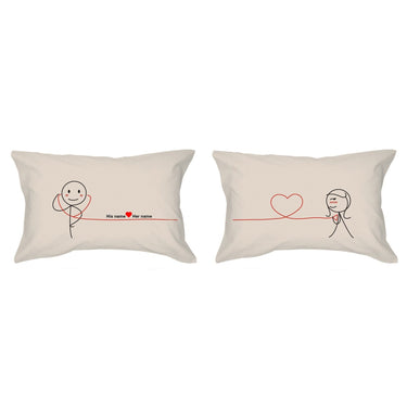 Personalized couple keepsake pillows featuring playful stick figures and customizable names