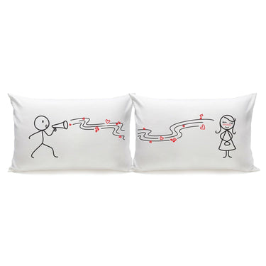 His and hers pillowcases featuring fun illustrations, ideal personalized love gifts for couples
