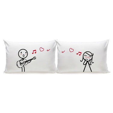 His and hers pillowcases featuring romantic illustrations for charming romantic bedroom decor