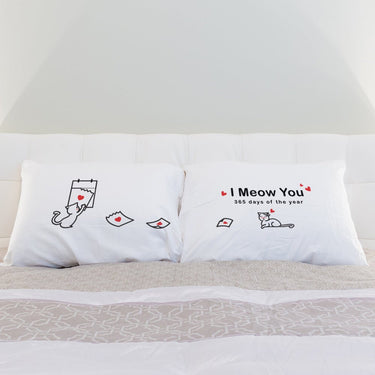 His and hers pillowcases with cute cat illustrations, perfect romantic cat lover gifts