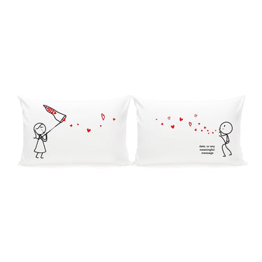 His and hers pillowcases with playful love illustrations, perfect romantic couple gifts