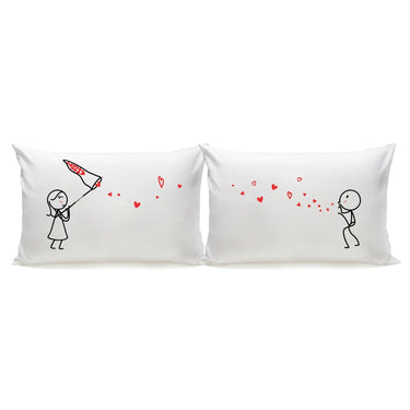 His and hers pillowcases featuring cute couple illustration for romantic couple gifts