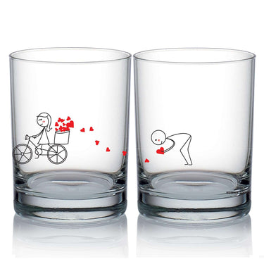 Charming decorative glassware featuring romantic couple glasses with playful illustrations