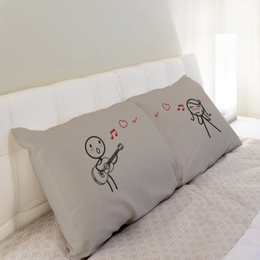 His and hers pillowcases featuring cute couple designs, perfect as a romantic gift set for couples.