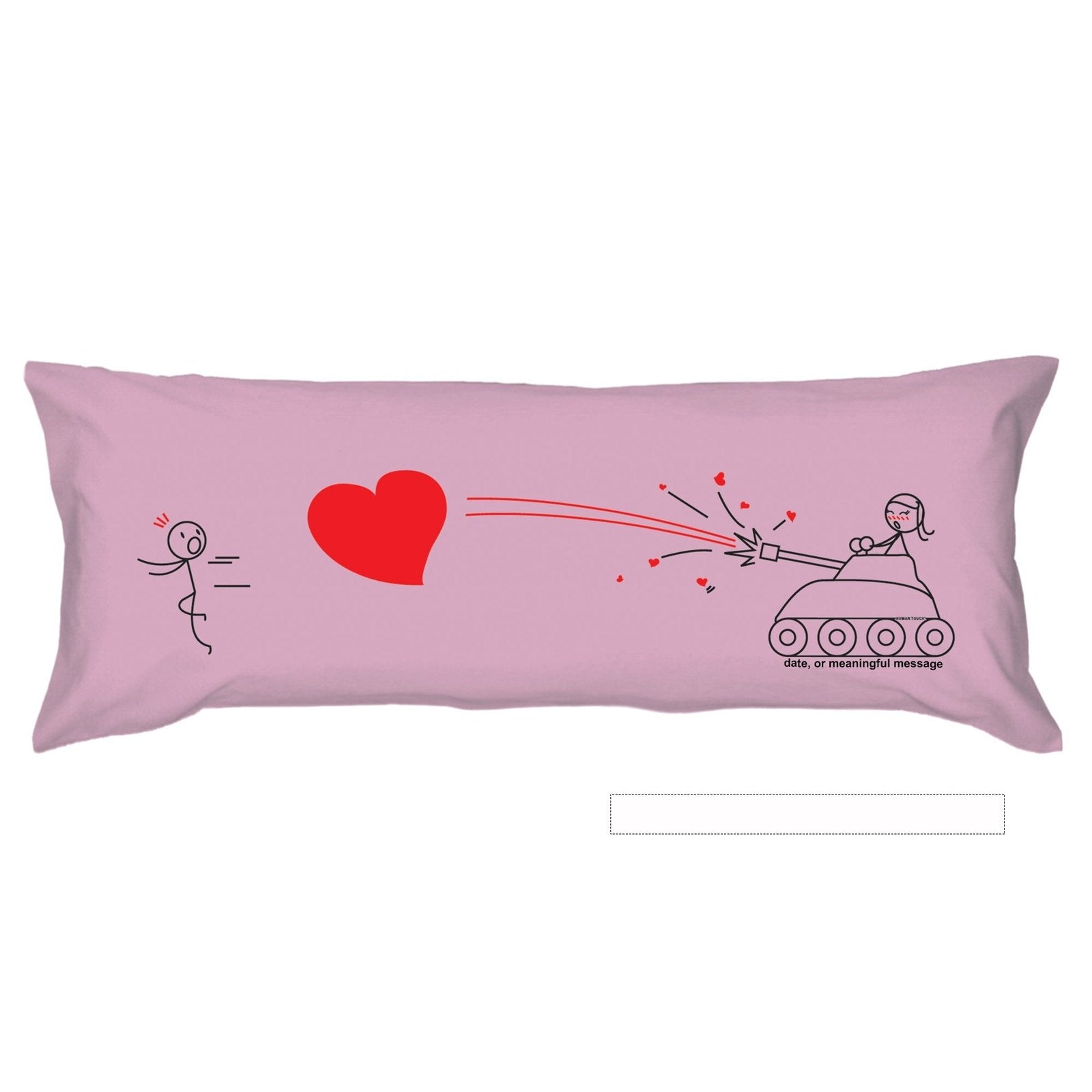 a close up of a pink pillow on a bed 
