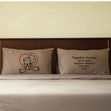 His and hers pillowcases featuring the phrase together forever decorative pillow with a couple illustration