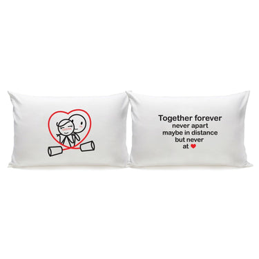 His and hers pillowcases featuring a heart design and the phrase together forever decorative pillow