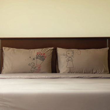 His and hers pillowcases with playful designs, ideal unique apology gifts for couples