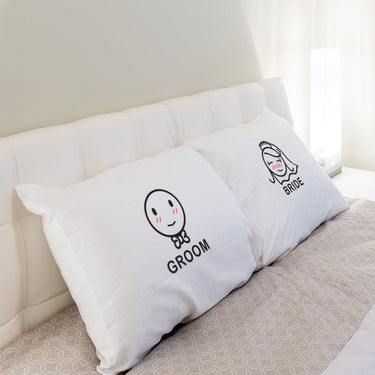 His and hers pillowcases with Bride and Groom designs, perfect unique wedding gift ideas