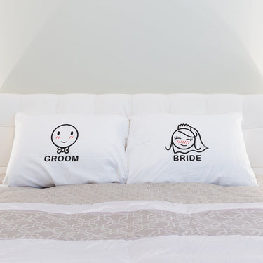 His and hers pillowcases featuring Groom and Bride designs, perfect for unique wedding gift ideas