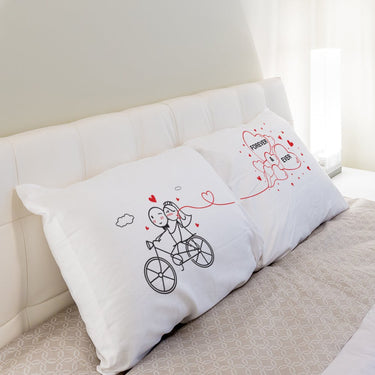His and hers pillowcases with playful couple design, perfect as unique wedding gifts