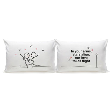 His and hers pillowcases with cute couple illustration, perfect for wedding decor ideas