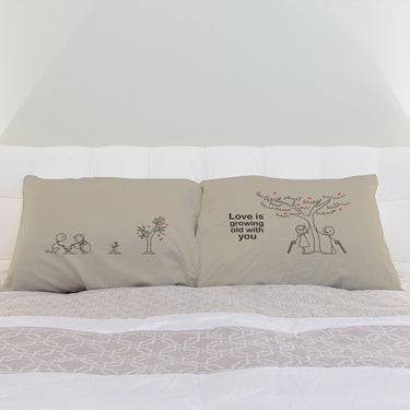His and hers pillowcases featuring artistic designs, perfect as a wedding gift set for bride.