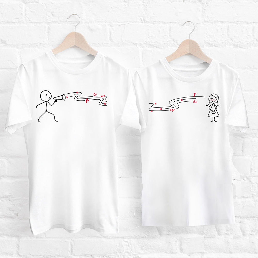 Surprise your favorite couple with these charming, personalized white shirts adorned with delightful hand-drawn designs.