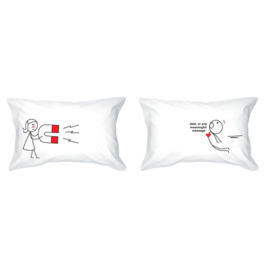 His and hers pillowcases featuring a fun magnet themed anniversary gift design with playful illustrations